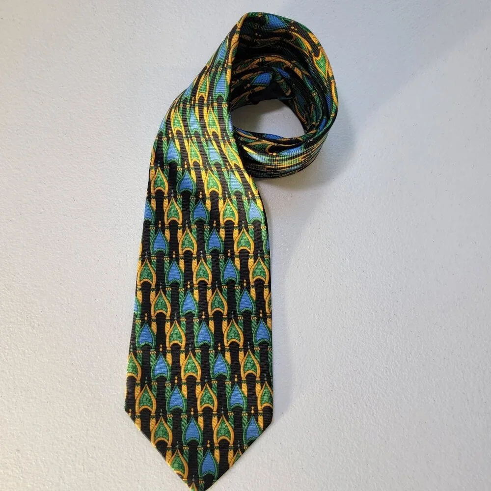 Giulio‎ Desegis Mens Silk Dress Tie Temple Synagogue Graphic Print Blue Green